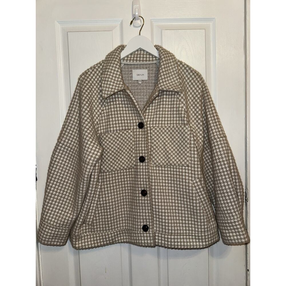 Anthropologie Greylin Tan Houndstooth check Button Pockets Shacket L Large